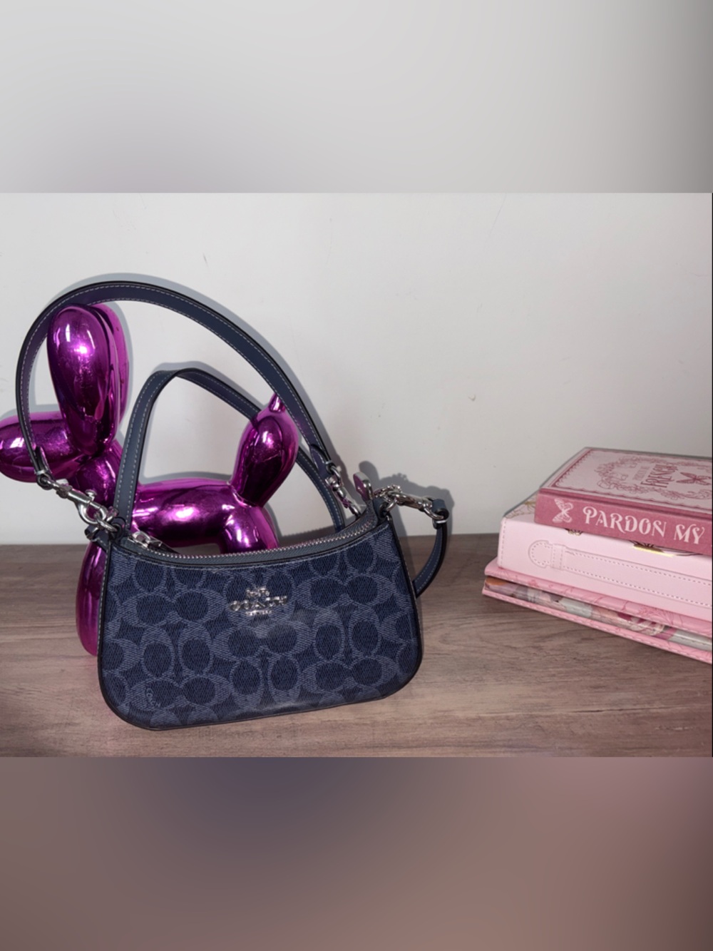 Coach Navy Signature Patent PVC Canvas Shoulder Pouch with Leather Trim